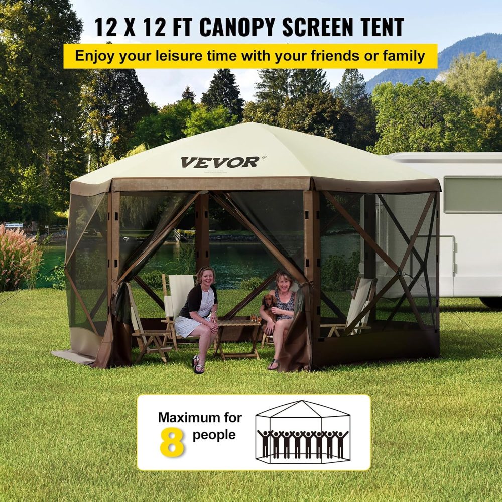 VEVOR 12 * 12ft 6 Sided Pop-up Canopy Shelter Tent with Mesh Windows, Portable Carry Bag, Stakes, Large Shade Tents for Outdoor Camping, Lawn and Backyard, Brown/Beige - Image 2