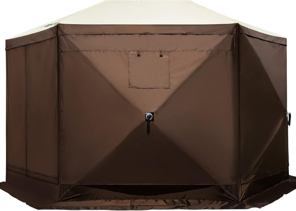 VEVOR 12 * 12ft 6 Sided Pop-up Canopy Shelter Tent with Mesh Windows, Portable Carry Bag, Stakes, Large Shade Tents for Outdoor Camping, Lawn and Backyard, Brown/Beige - Image 11
