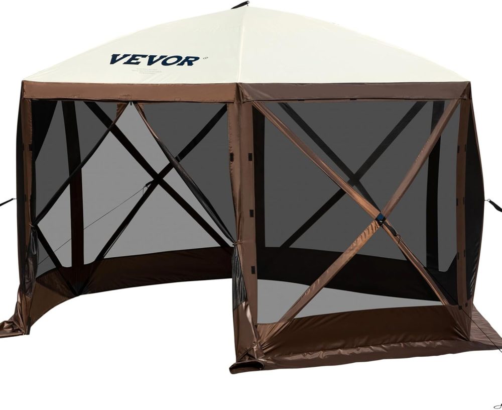 VEVOR 12 * 12ft 6 Sided Pop-up Canopy Shelter Tent with Mesh Windows, Portable Carry Bag, Stakes, Large Shade Tents for Outdoor Camping, Lawn and Backyard, Brown/Beige - Image 4