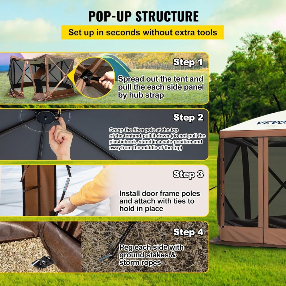 VEVOR 12 * 12ft 6 Sided Pop-up Canopy Shelter Tent with Mesh Windows, Portable Carry Bag, Stakes, Large Shade Tents for Outdoor Camping, Lawn and Backyard, Brown/Beige - Image 5