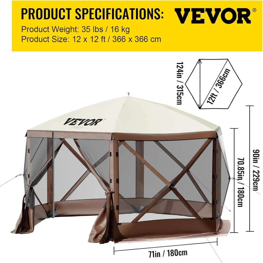 VEVOR 12 * 12ft 6 Sided Pop-up Canopy Shelter Tent with Mesh Windows, Portable Carry Bag, Stakes, Large Shade Tents for Outdoor Camping, Lawn and Backyard, Brown/Beige - Image 8