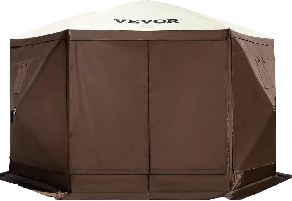 VEVOR 12 * 12ft 6 Sided Pop-up Canopy Shelter Tent with Mesh Windows, Portable Carry Bag, Stakes, Large Shade Tents for Outdoor Camping, Lawn and Backyard, Brown/Beige - Image 10
